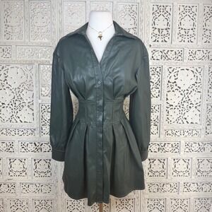 7 For All Man Kind Faux Leather Green Button Jacket Sz XS Vegan Twee Pleather
